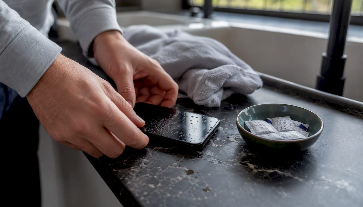 Een paar handen schakelen een natte smartphone uit die op tafel ligt.