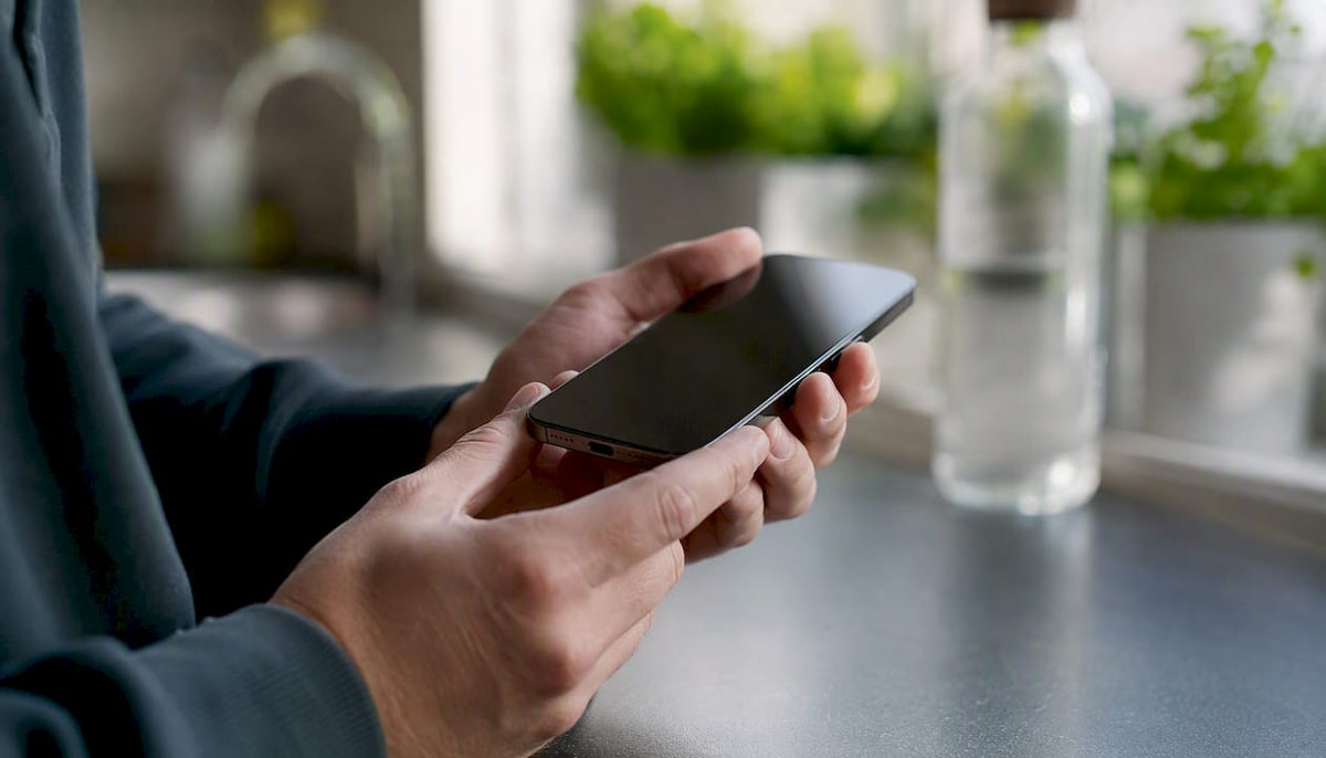 Twee handen houden een iPhone vast met een zwart scherm