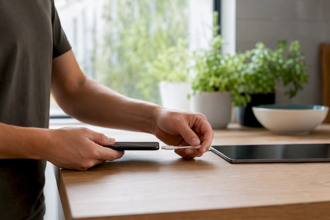 Handen verbinden twee smartphones met een kabel