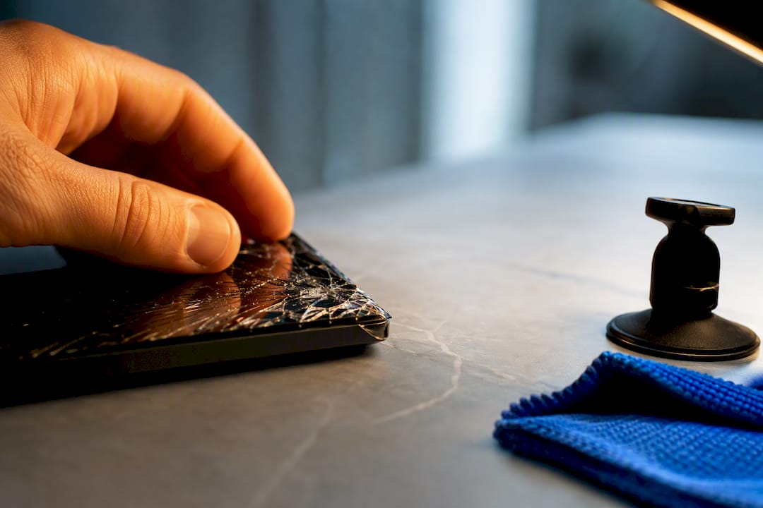 Close-up van een gebarsten smartphonescherm tijdens de reparatie