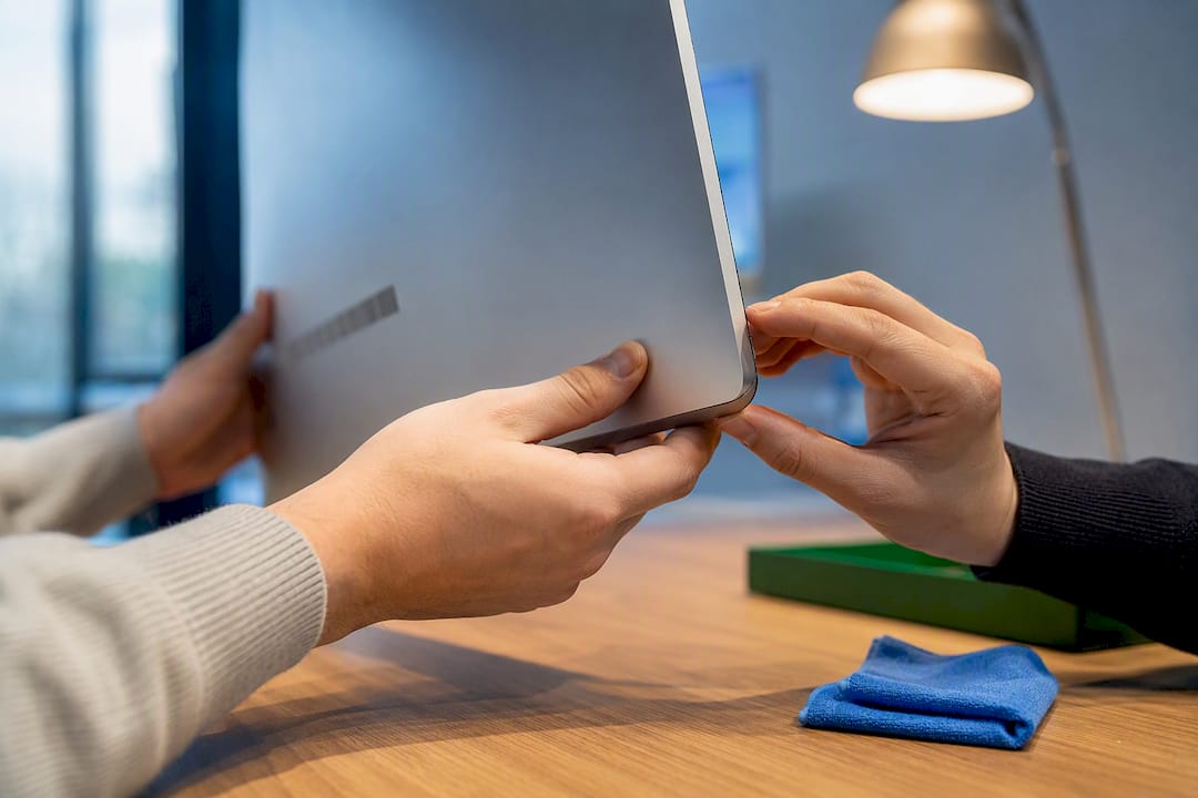 Handen die een computer tonen voor garantiebeoordeling