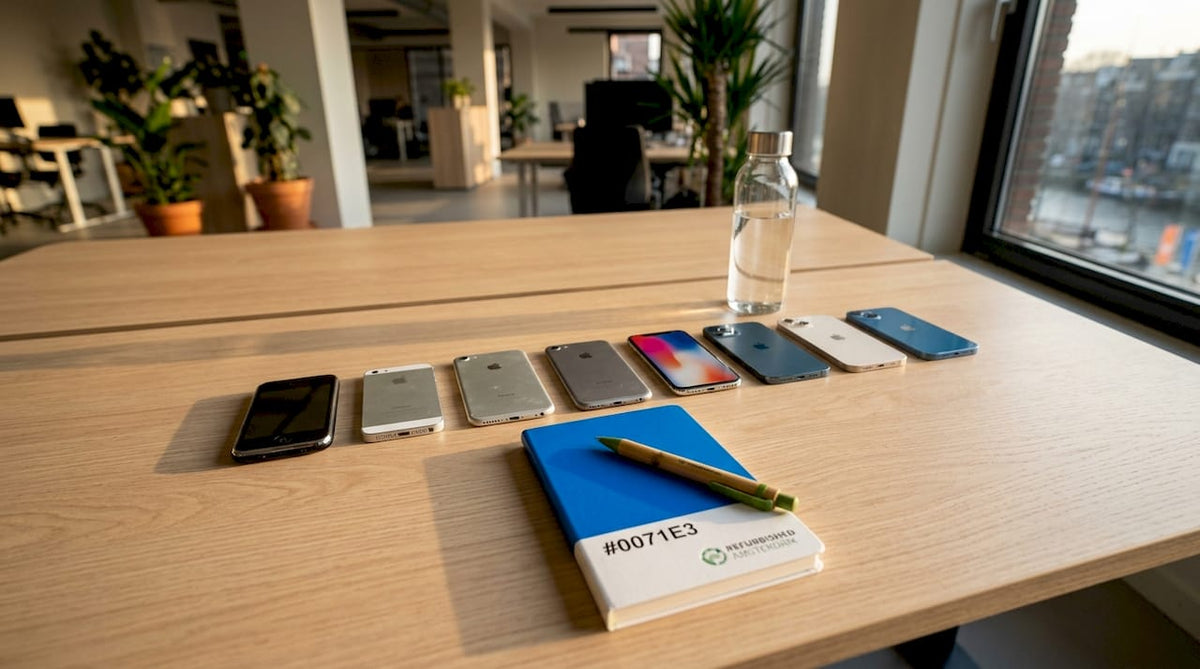 Een rijtje iPhones van verschillende generaties uitgestald op een bureau