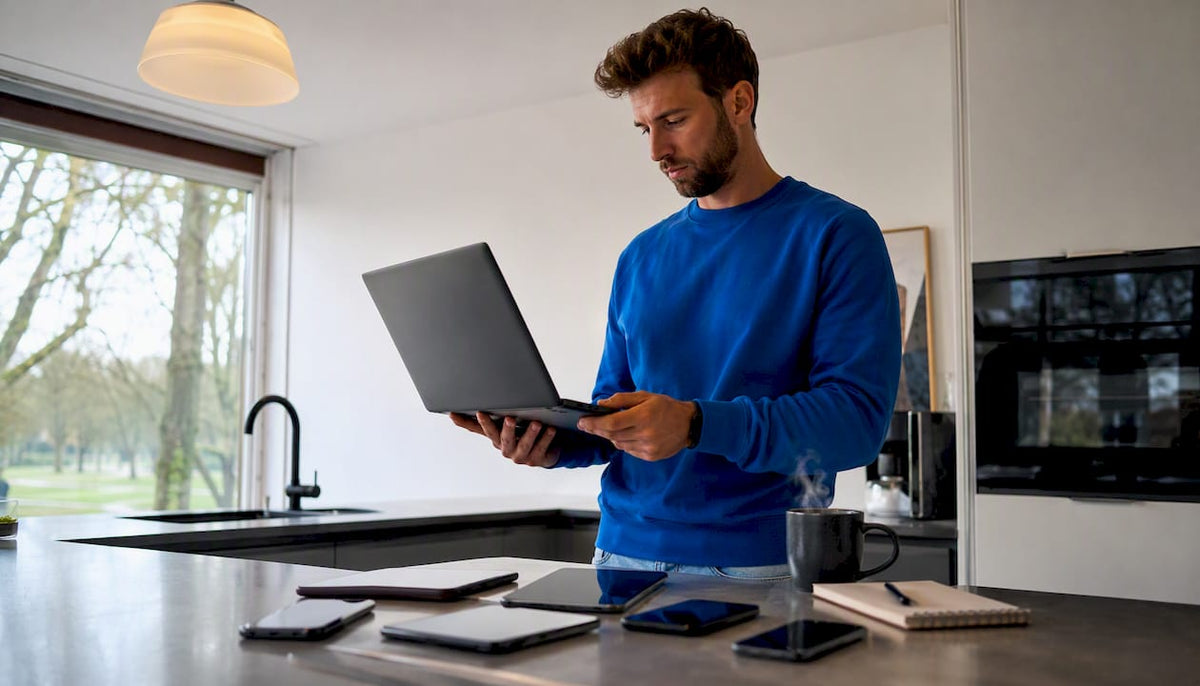 Een man onderzoekt thuis een refurbished laptop.