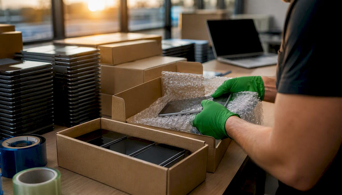 Medewerkers verpakken opgeknapte apparaten zorgvuldig voor verzending.