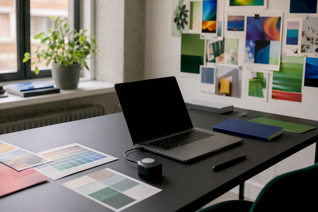 Werkplek met een refurbished MacBook en ontwerpsoftware