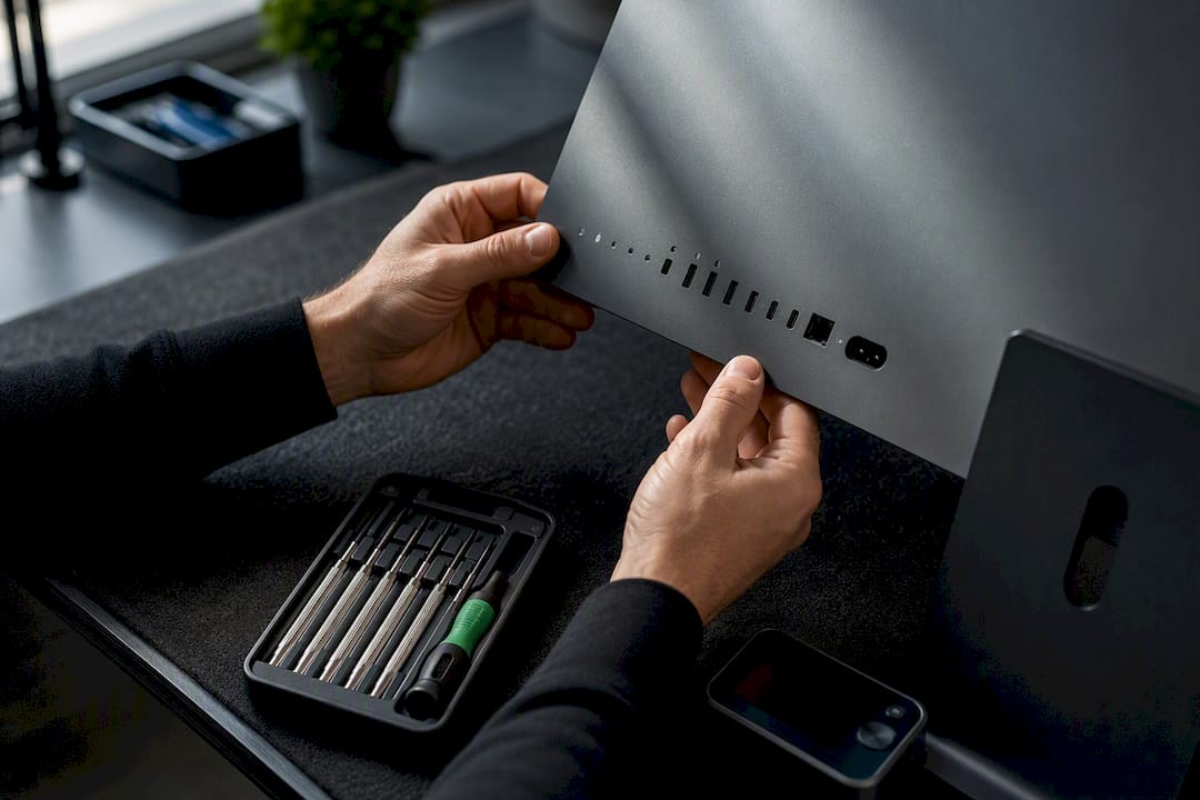 Monteur controleert desktopcomputer tijdens reparatie