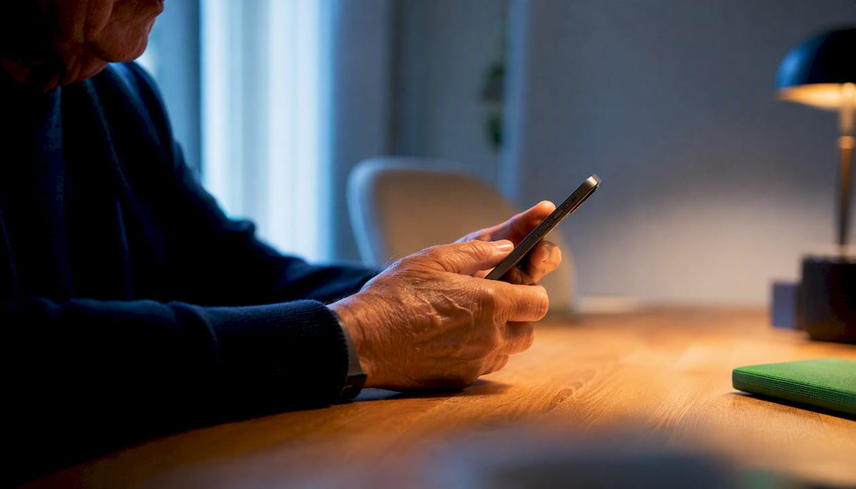 Senior bekijkt de zijkant van de smartphone